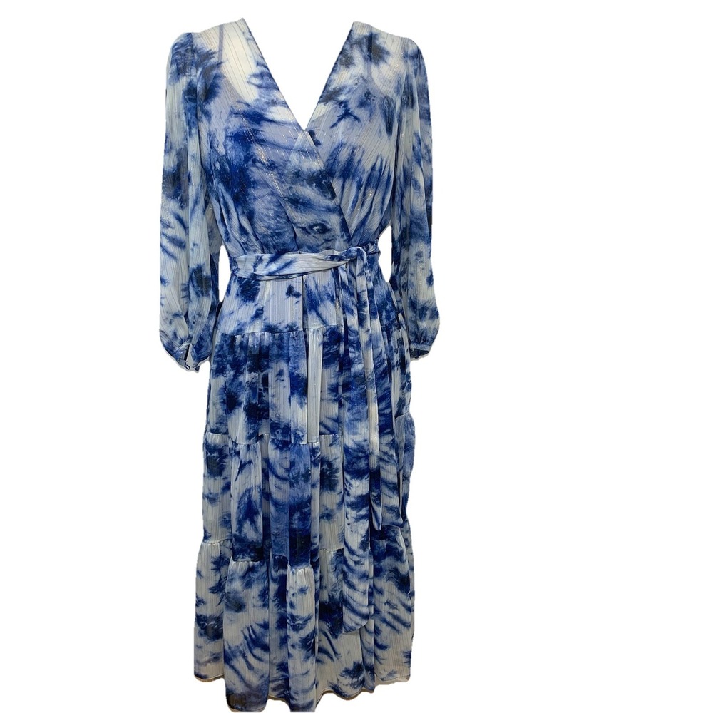 Calvin Klein Tiered Midi Dress Sz 8 Blue Metallic Sheer Lined‎ Boho Event Casual